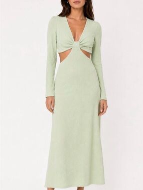 FOURTEENTH Place Dress Sol Side Cutout Long Sleeve Midi Dress - Pistachio